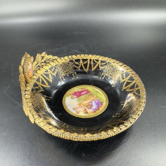 Antique La Chateau Porcelain Trinket Dish Metal Bronze Mount Victorian Scene VTG - Picture 12 of 16